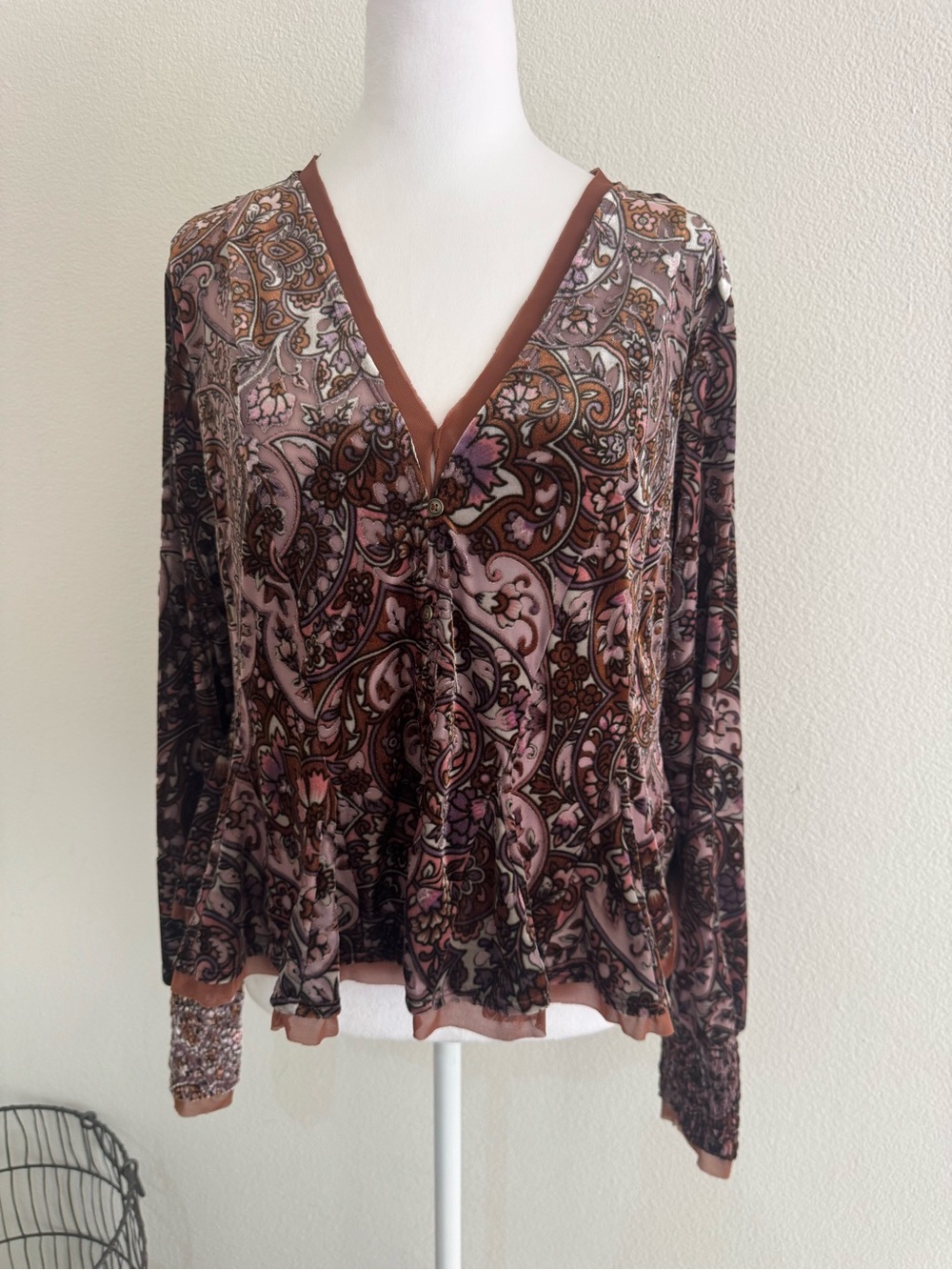 Anthropologie Brown and Pink Paisley V-Neck Long Sleeve Top
